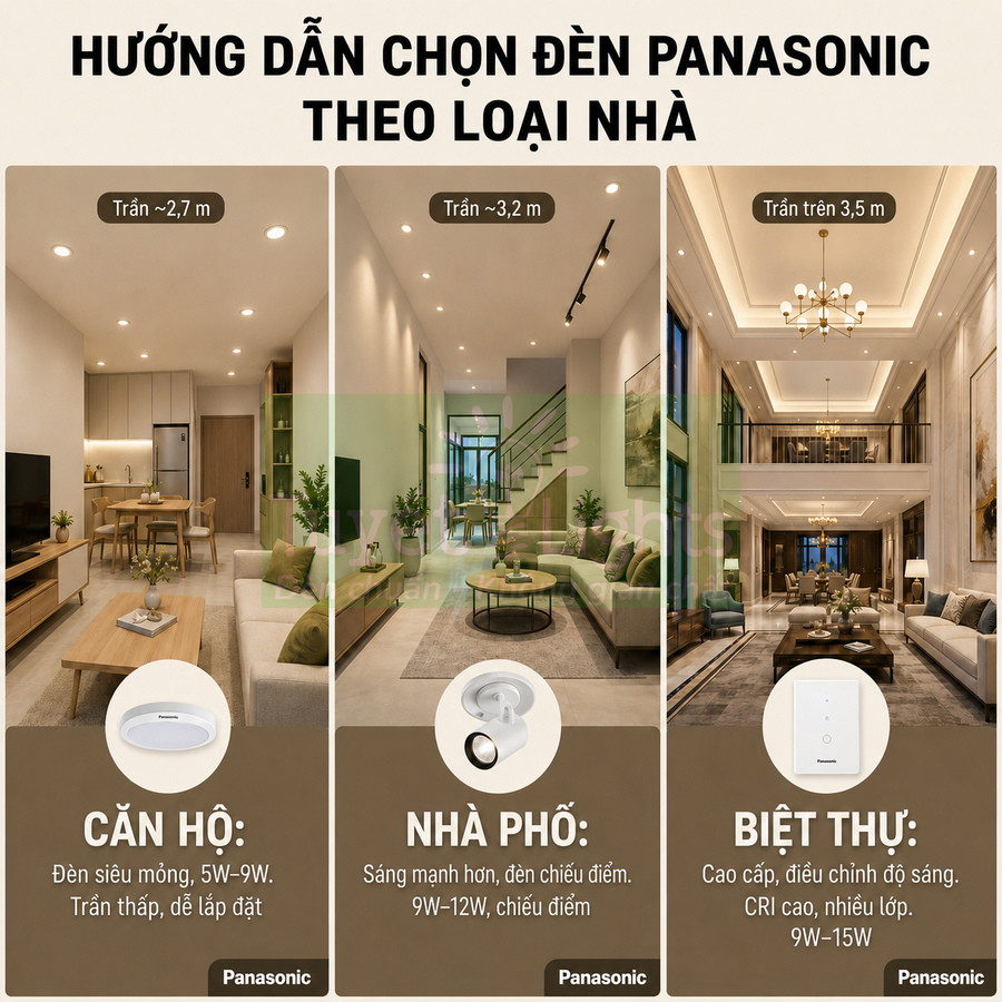Hướng dẫn chọn đèn Panasonic cho căn hộ, nhà phố và biệt thự theo chiều cao trần và công suất chiếu sáng