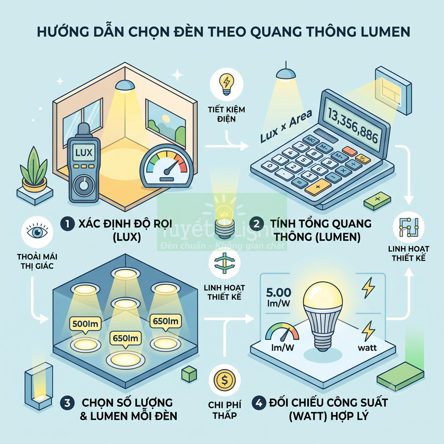 Hướng dẫn chọn đèn LED theo quang thông lumen với các bước xác định lux, tính lumen và chọn công suất watt