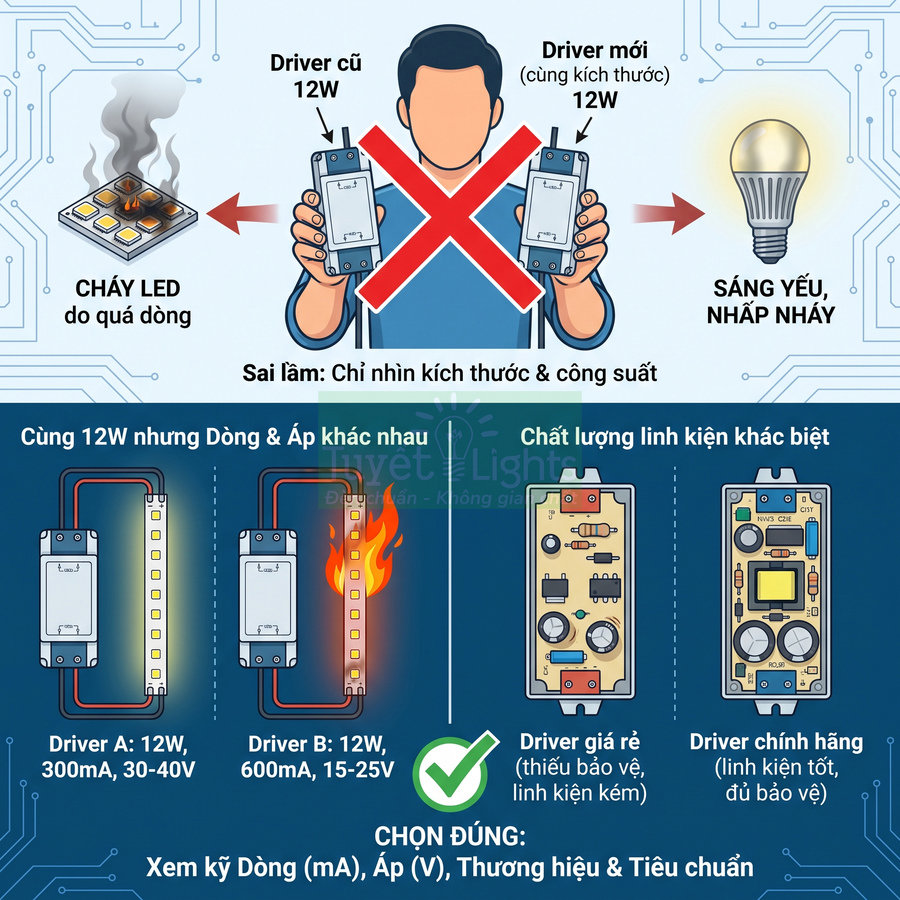 So sánh driver LED chính hãng và driver giá rẻ, cảnh báo cháy LED và bóng đèn LED sáng yếu do chọn sai driver