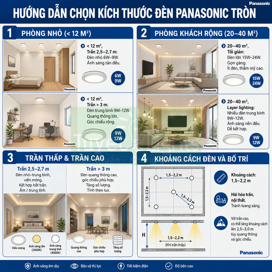 Hướng dẫn chọn kích thước đèn tròn Panasonic cho phòng nhỏ, phòng khách, trần thấp cao và khoảng cách lắp đặt
