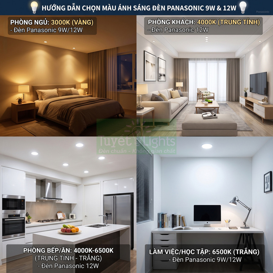 Hướng dẫn chọn màu ánh sáng đèn Panasonic 9W 12W cho phòng ngủ phòng khách bếp và góc làm việc