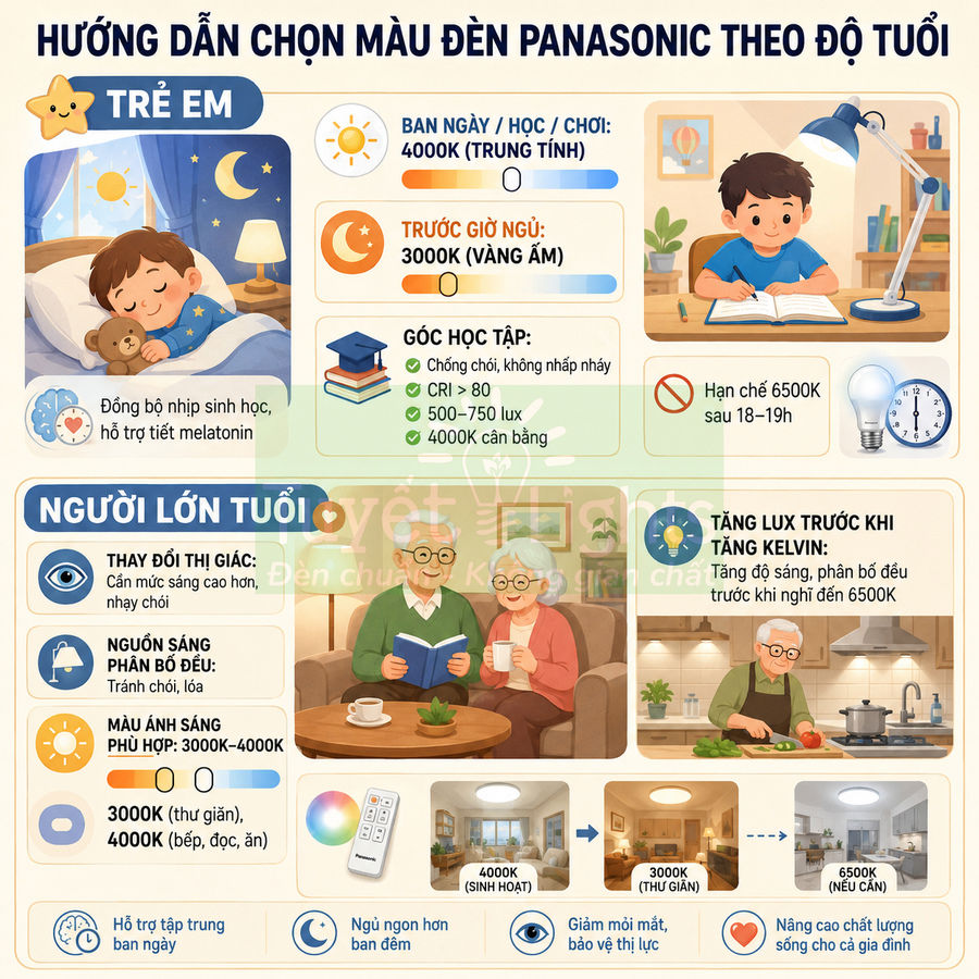 Hướng dẫn chọn màu đèn Panasonic cho trẻ em và người lớn tuổi theo nhiệt độ màu và không gian sử dụng