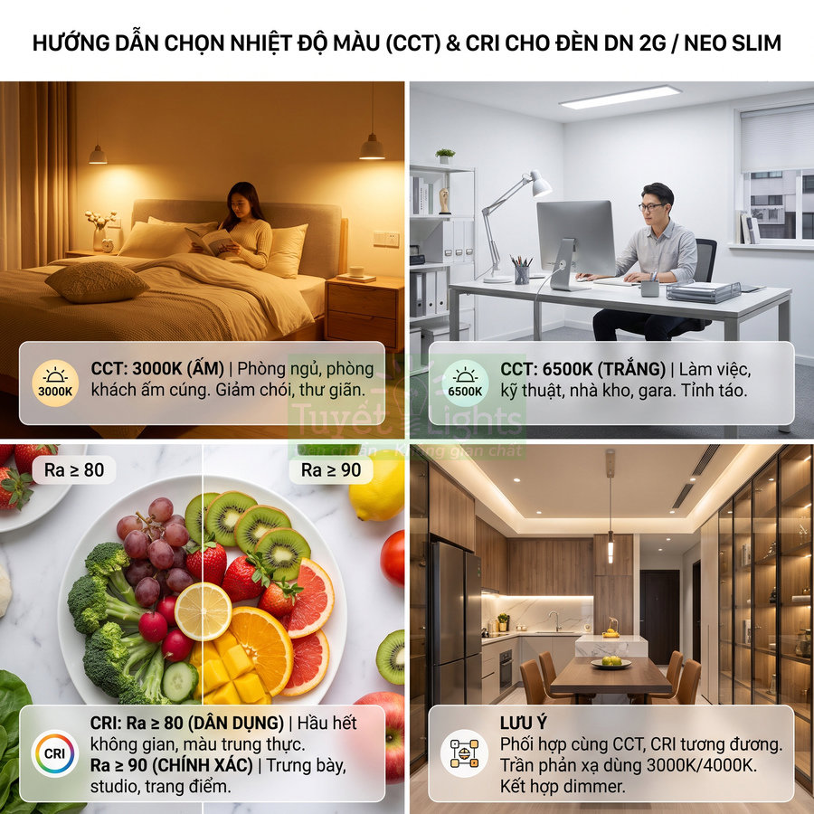 Hướng dẫn chọn nhiệt độ màu CCT và chỉ số CRI cho đèn LED DN 2G Neo Slim trong phòng ngủ, làm việc, bếp