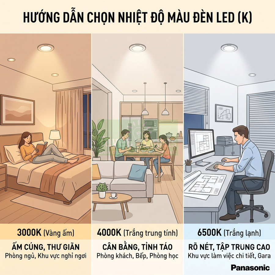 Hướng dẫn chọn nhiệt độ màu đèn LED Panasonic 3000K 4000K 6500K cho phòng ngủ phòng khách bếp và khu làm việc
