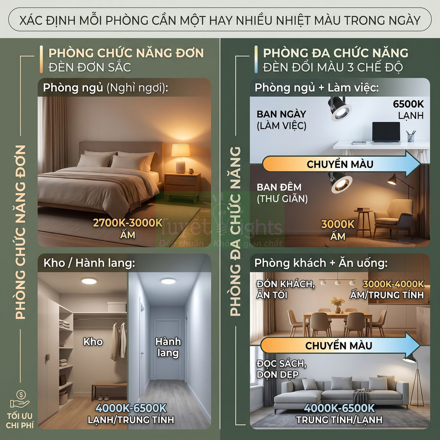 Hướng dẫn chọn nhiệt màu đèn LED cho phòng ngủ, phòng khách, bếp, kho và hành lang trong nhà