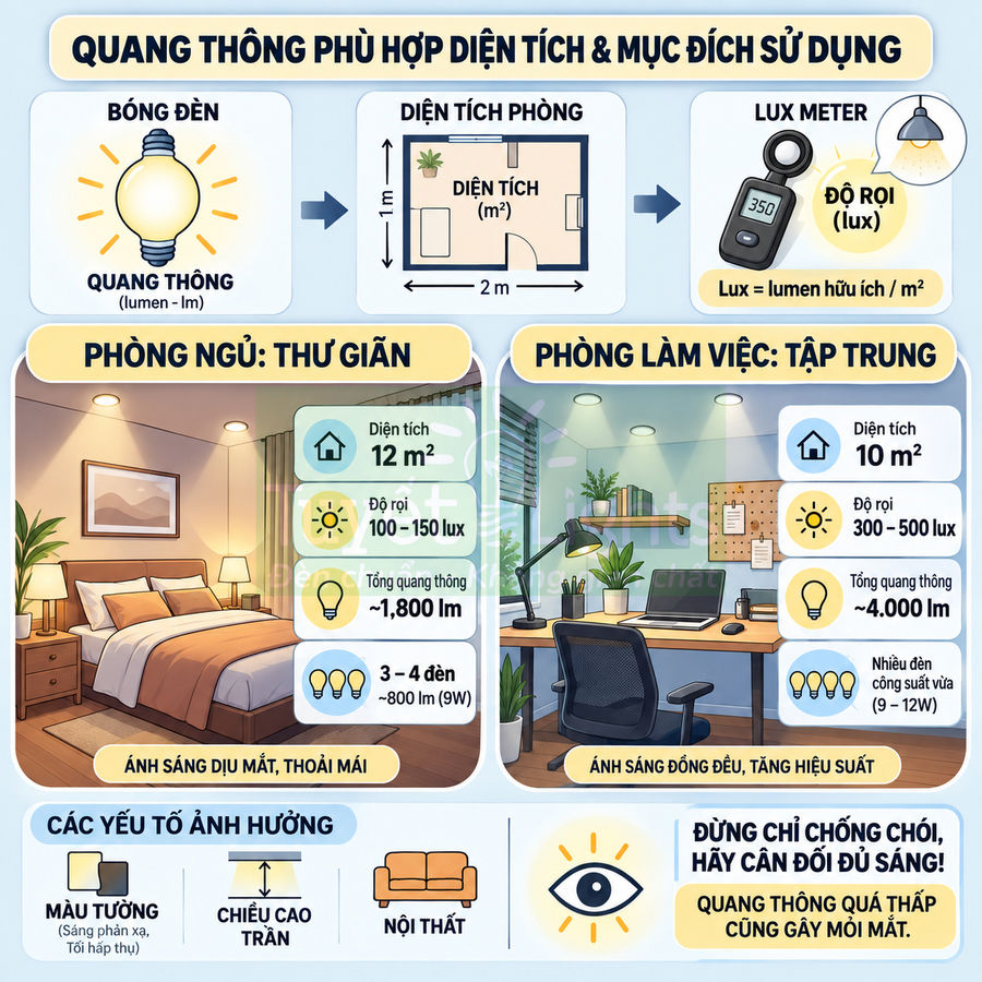 Minh họa hướng dẫn chọn quang thông bóng đèn phù hợp cho phòng ngủ thư giãn và phòng làm việc tập trung