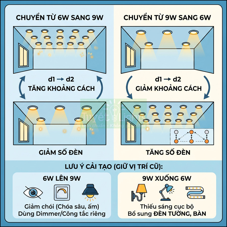 Hướng dẫn bố trí đèn âm trần 6W và 9W, điều chỉnh khoảng cách và số lượng đèn để tăng giảm độ sáng phòng