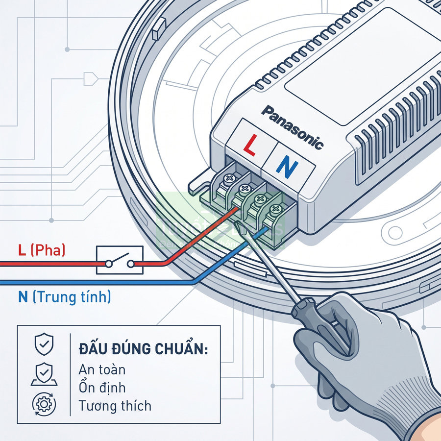 Hướng dẫn đấu dây pha và trung tính cho bộ nguồn đèn trần Panasonic bằng tua vít