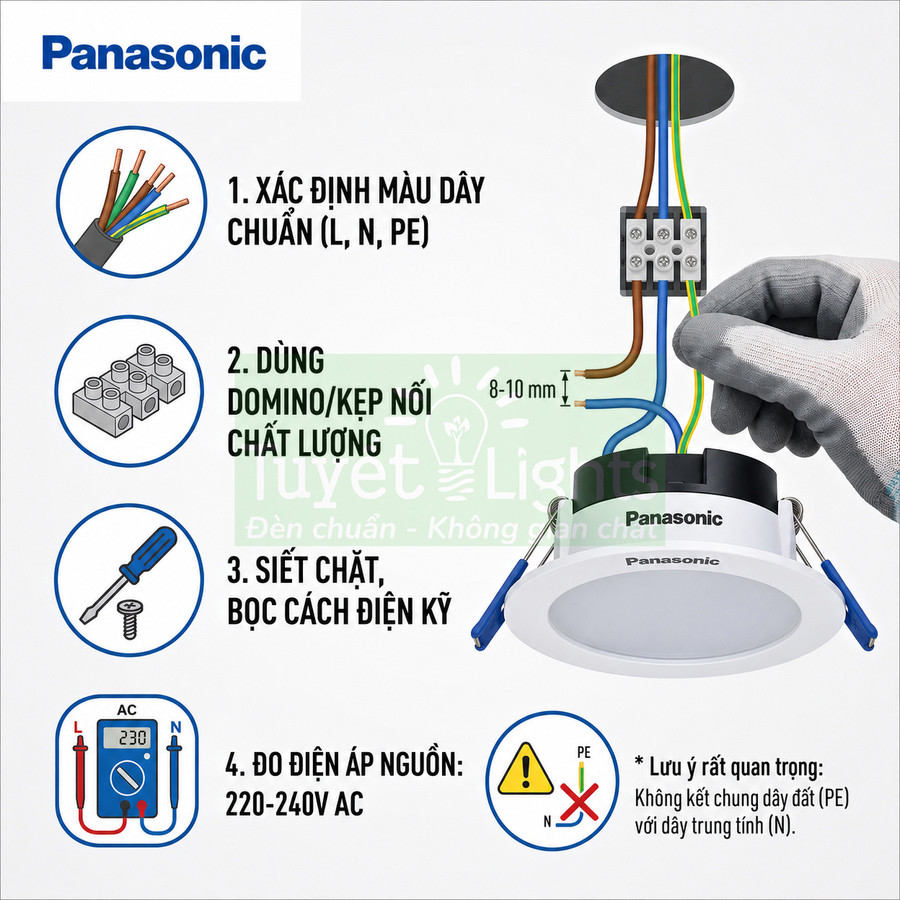Hướng dẫn đấu nối đèn led âm trần Panasonic an toàn với dây điện và domino kẹp nối