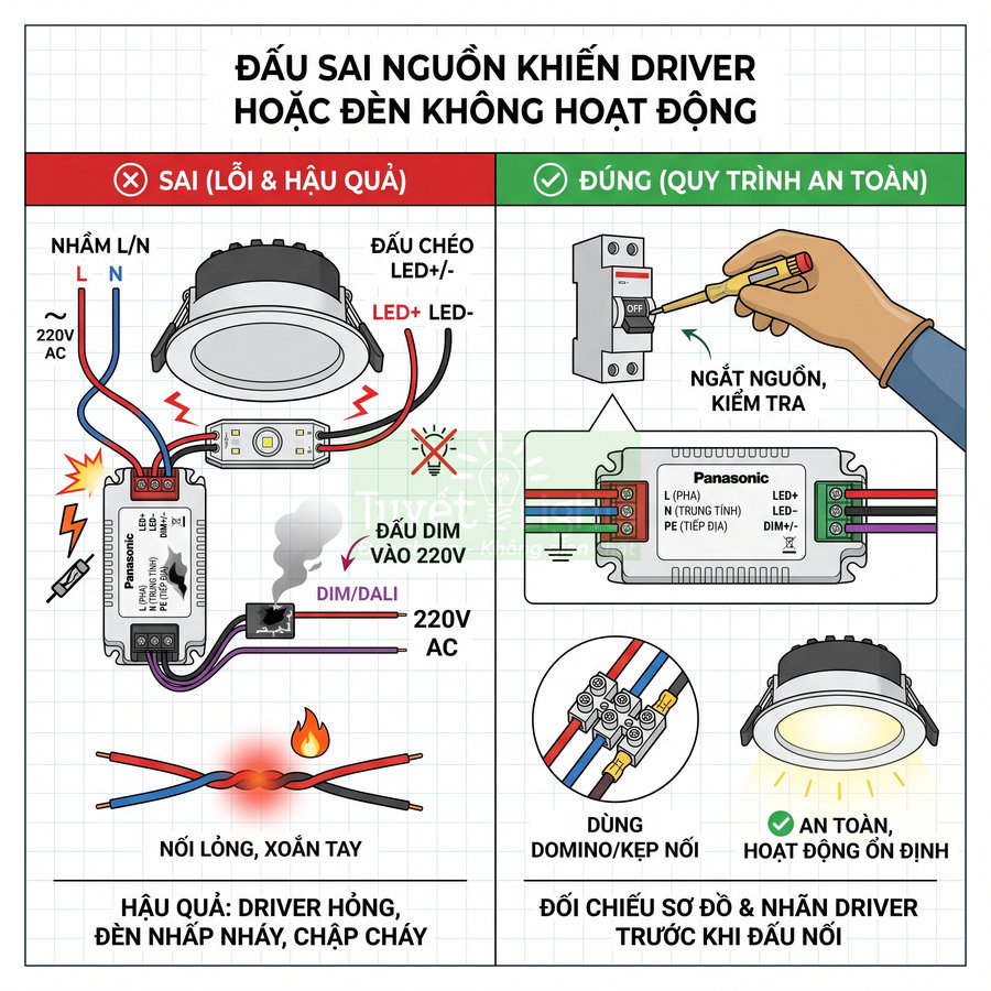 Hướng dẫn đấu nối driver đèn LED âm trần Panasonic đúng cách để đèn hoạt động an toàn, ổn định
