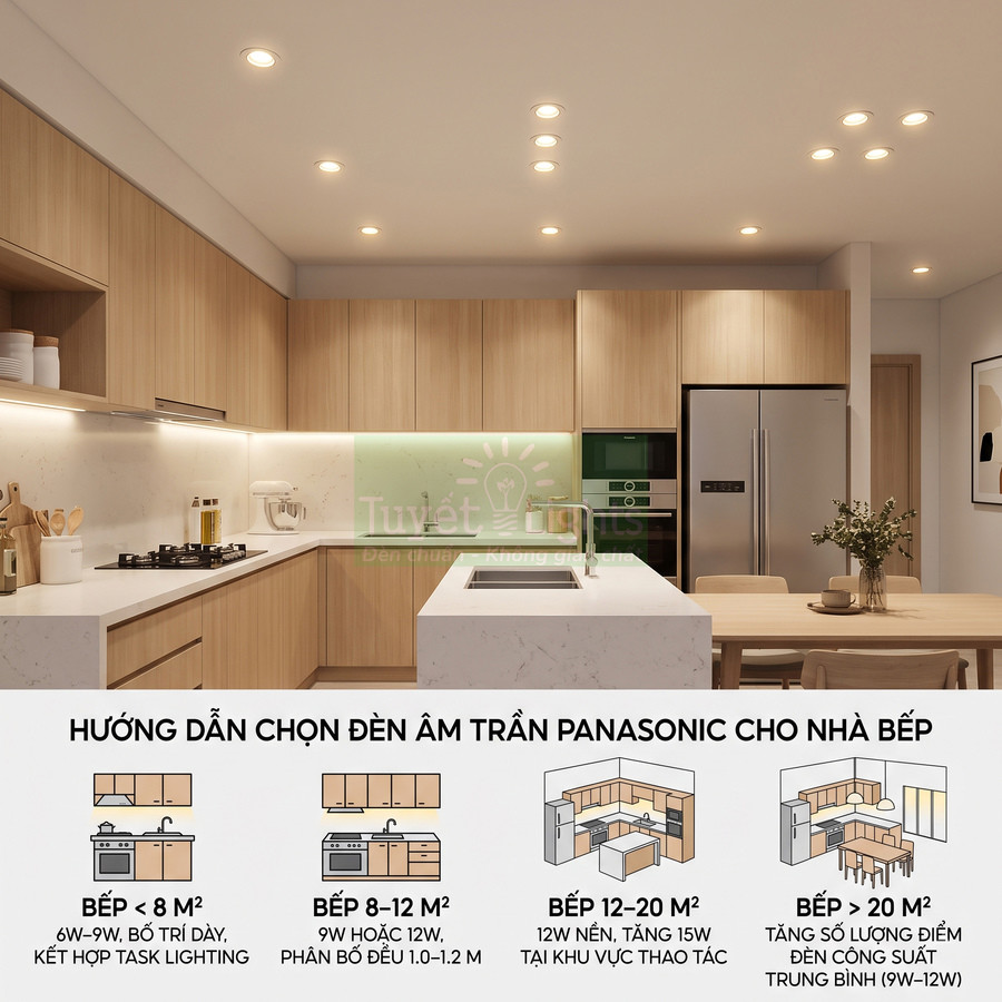 Đèn âm trần Panasonic chiếu sáng nhà bếp hiện đại với tủ gỗ và đảo bếp trung tâm