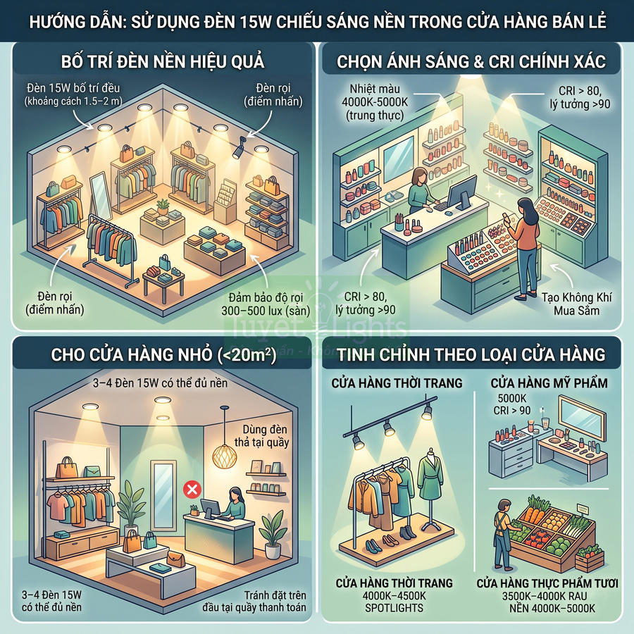 Hướng dẫn sử dụng đèn LED 15W chiếu sáng nền cho cửa hàng bán lẻ thời trang, mỹ phẩm và thực phẩm