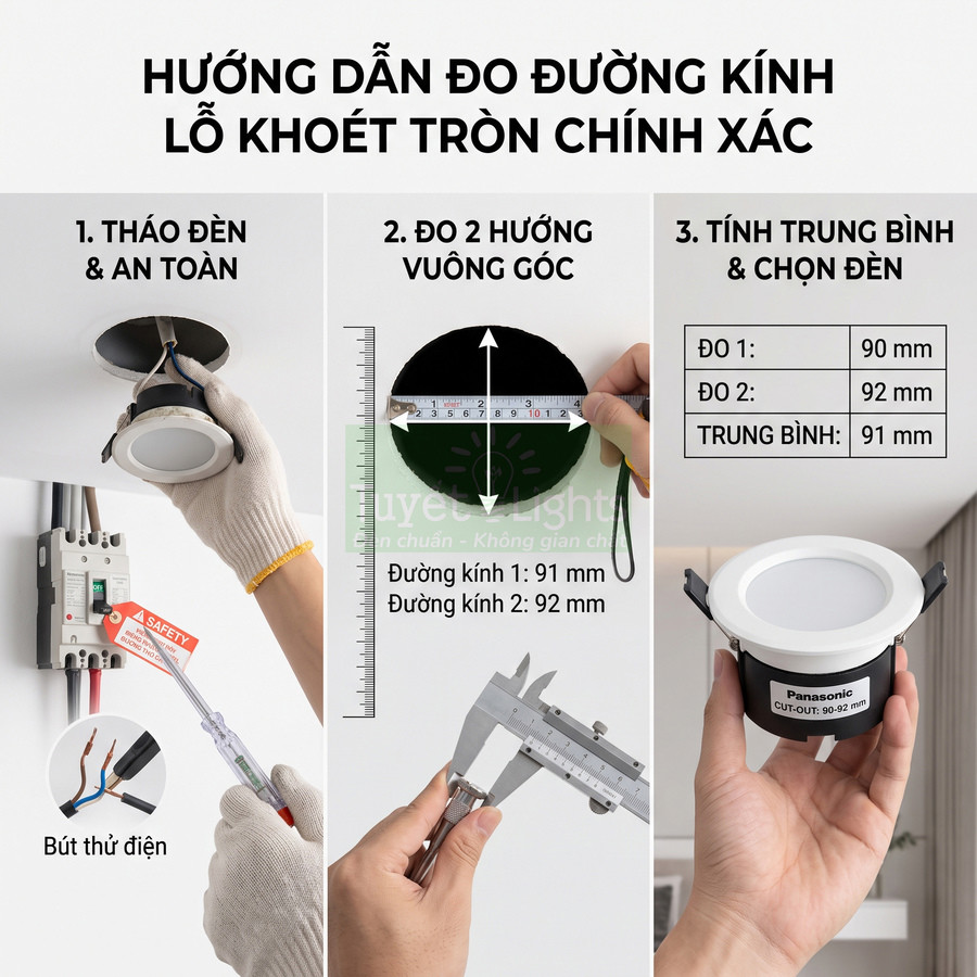 Hướng dẫn đo đường kính lỗ khoét trần và chọn đèn âm trần Panasonic tròn phù hợp