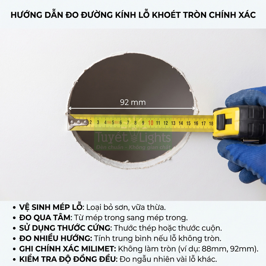 Đo đường kính lỗ khoét trần bằng thước cuộn 92 mm để lắp đèn âm trần