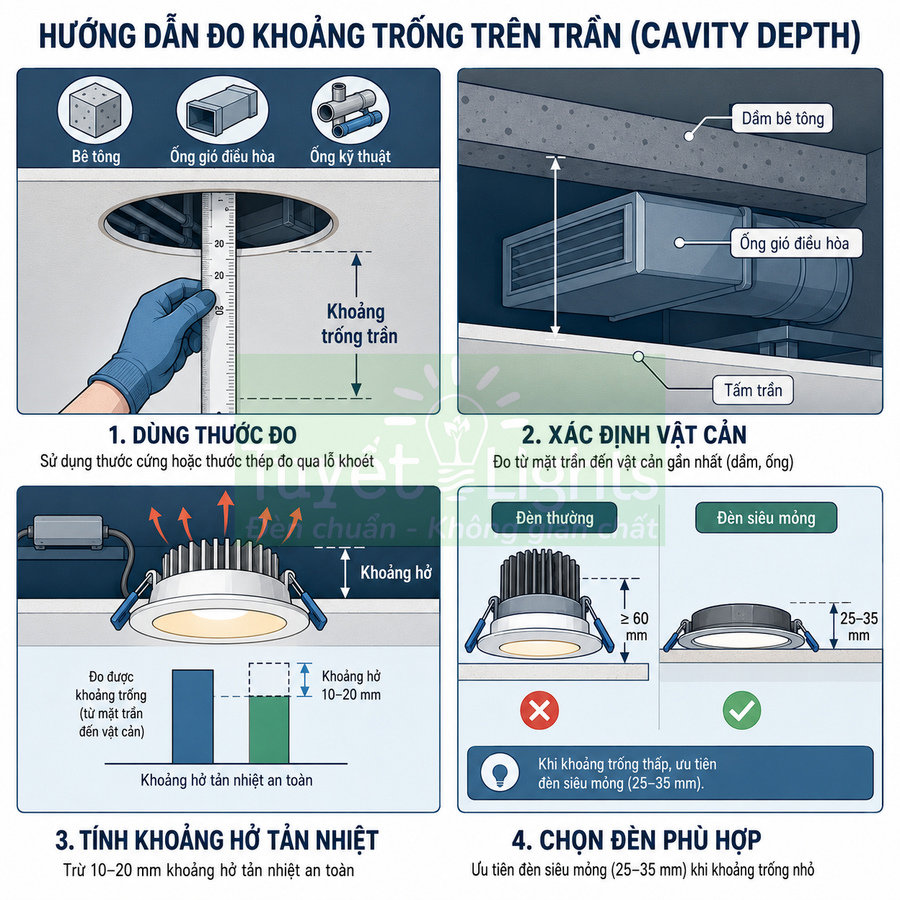 Hướng dẫn đo khoảng trống trần và chọn đèn âm trần siêu mỏng với khoảng hở tản nhiệt an toàn