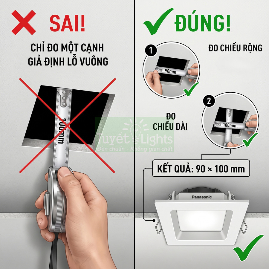 Hướng dẫn đo kích thước lỗ trần để lắp đèn âm trần vuông Panasonic chính xác