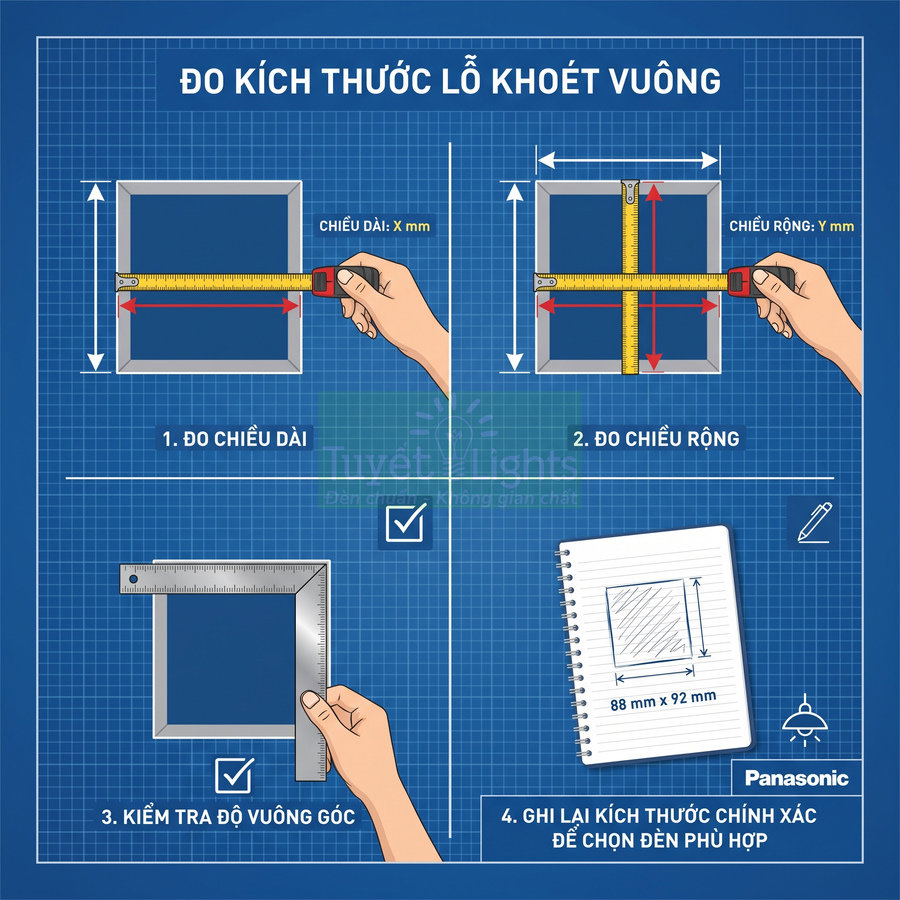 Hướng dẫn Panasonic đo kích thước lỗ khoét vuông và ghi lại số đo để chọn đèn âm trần phù hợp