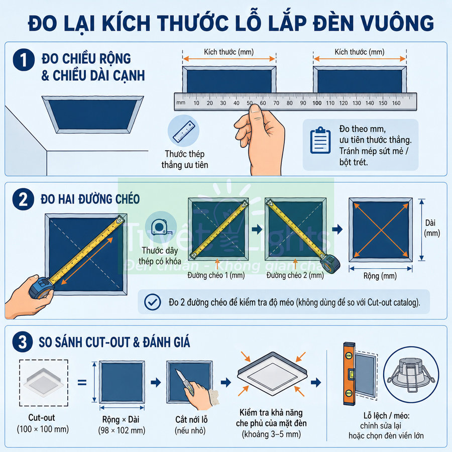 Hướng dẫn đo kích thước lỗ cắt trần vuông để lắp đèn âm trần chính xác