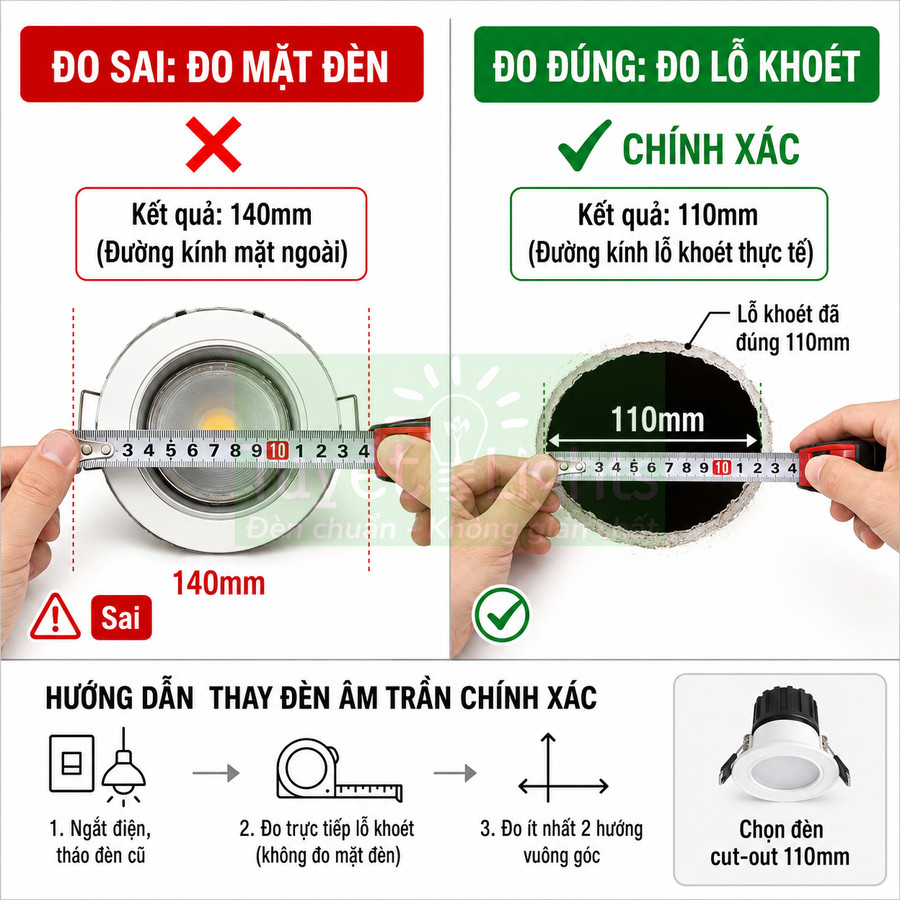 Hướng dẫn đo lỗ khoét và chọn kích thước đèn âm trần 110mm chính xác