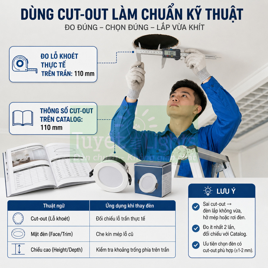 Thợ điện đo lỗ khoét trần để lắp đèn LED âm trần tròn cạnh catalog và hộp sản phẩm