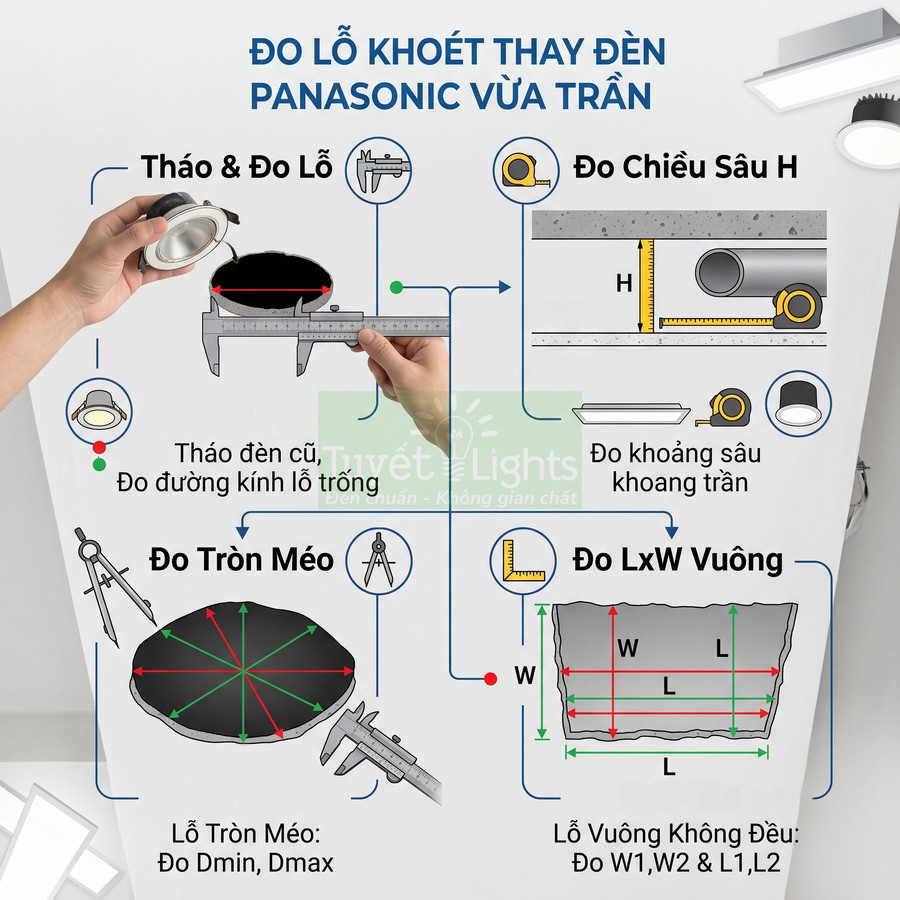 Hướng dẫn đo lỗ khoét thay đèn âm trần Panasonic bằng thước kẹp và thước dây