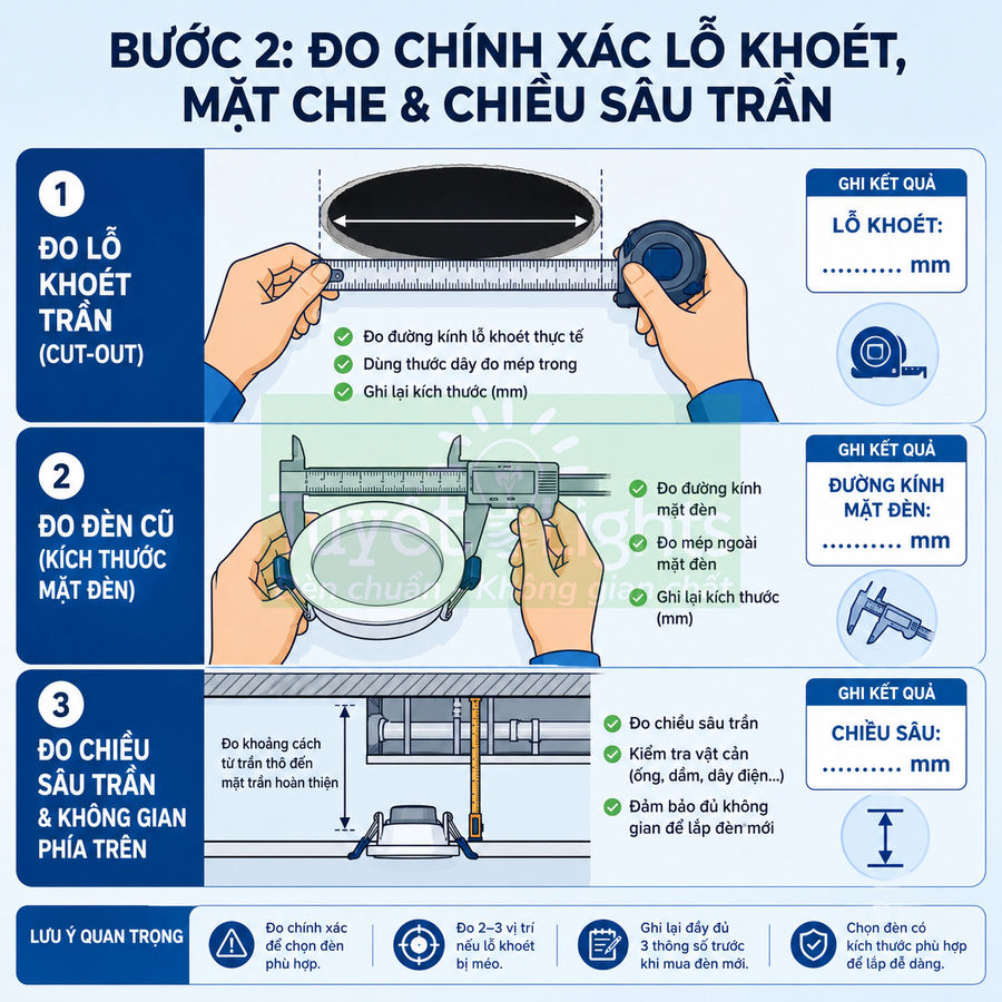 Hướng dẫn đo lỗ khoét trần, kích thước đèn âm trần và chiều sâu trần để lắp đèn mới