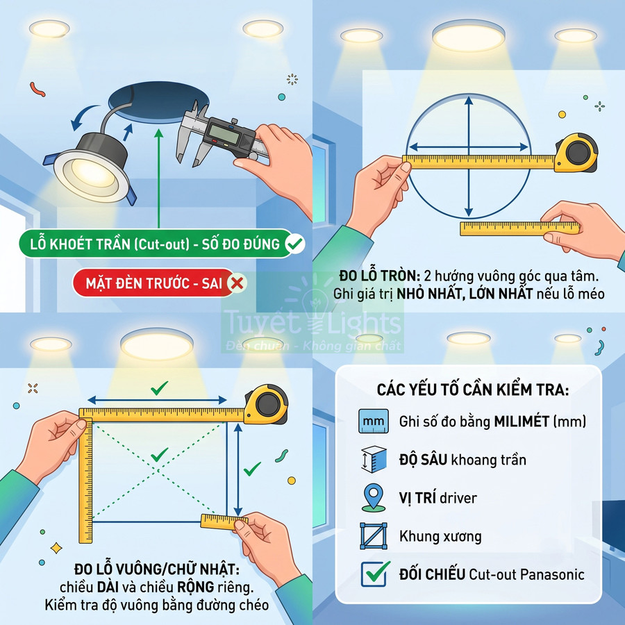 Thay đèn âm trần Panasonic cần đo lỗ khoét như thế nào?