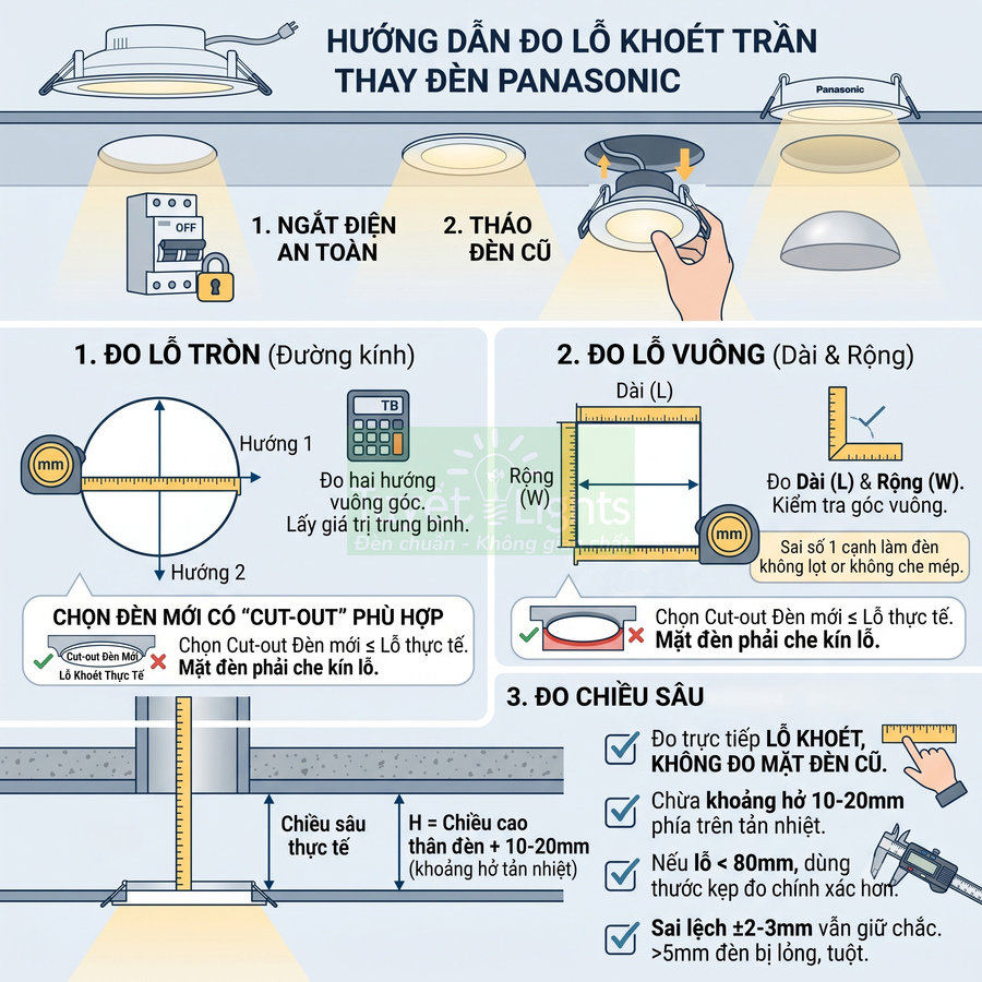 Hướng dẫn đo lỗ khoét trần để thay đèn âm trần Panasonic chi tiết từng bước