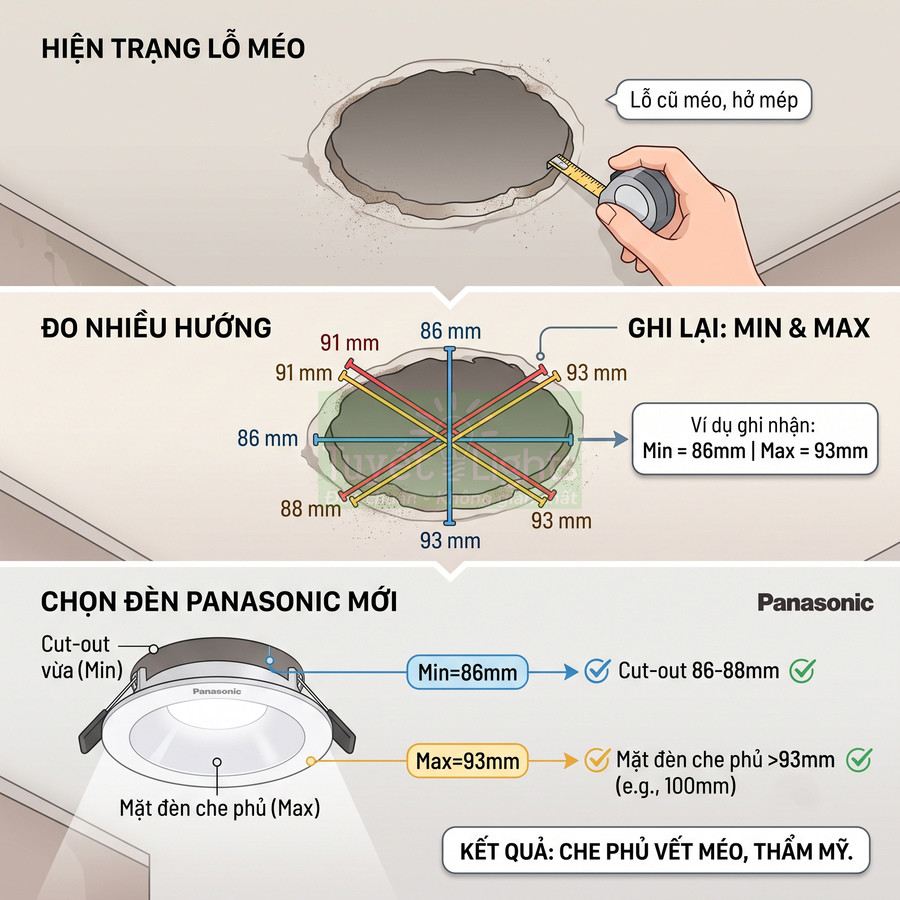 Hướng dẫn đo lỗ trần méo và chọn đèn âm trần Panasonic phù hợp để che kín vết méo