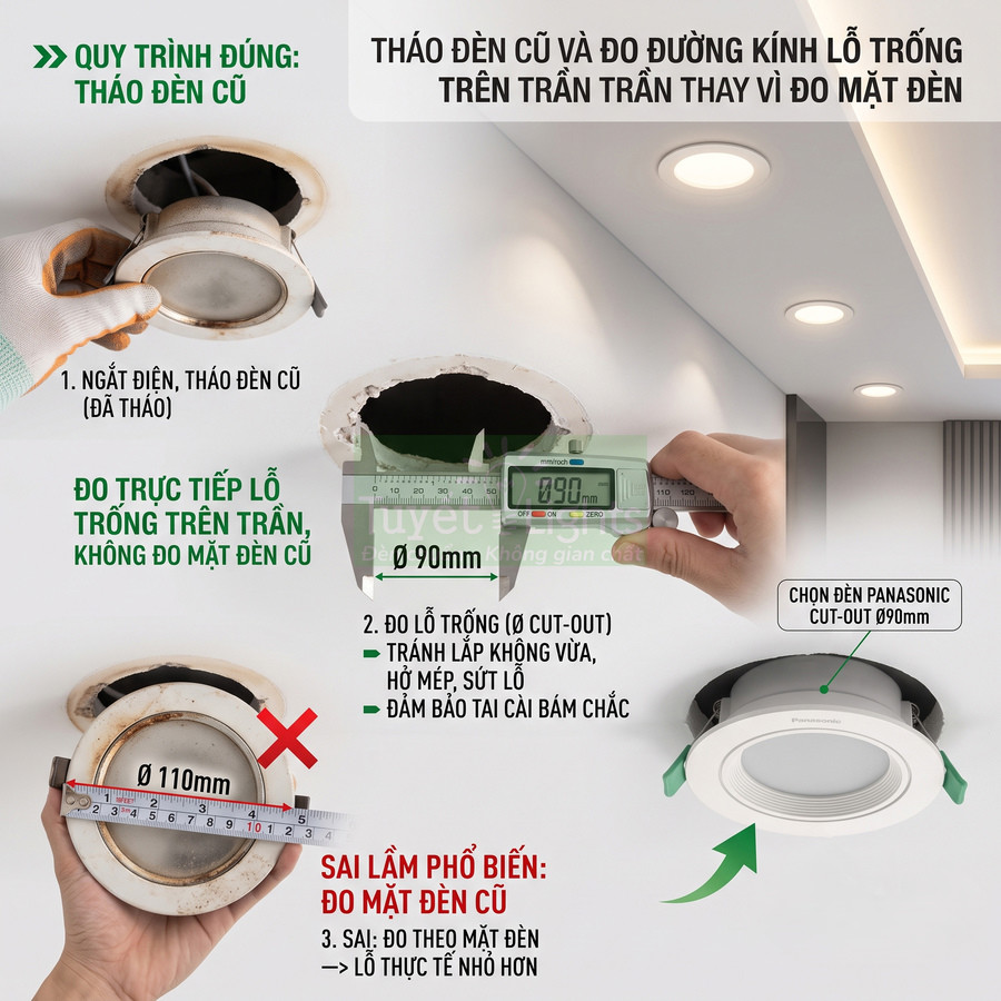 Hướng dẫn đo lỗ trần và lắp đèn âm trần Panasonic cut out 90mm thay thế đèn cũ