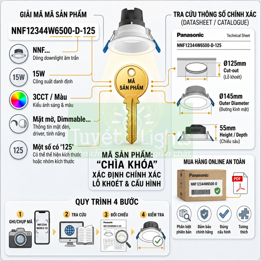 Đèn downlight âm trần Panasonic NNF12344W6500-D-125 kèm hướng dẫn tra cứu mã sản phẩm và kích thước lỗ khoét