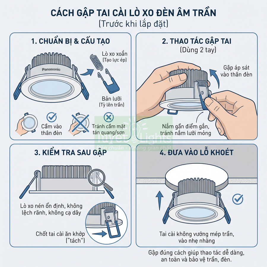 Hướng dẫn gập tai cài lò xo đèn âm trần Panasonic trước khi lắp đặt lên trần nhà