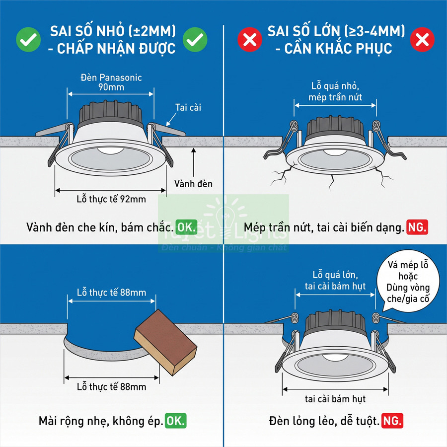 Hướng dẫn lắp đặt đèn âm trần Panasonic đúng kích thước lỗ khoét để đèn bám chắc, không bị lỏng