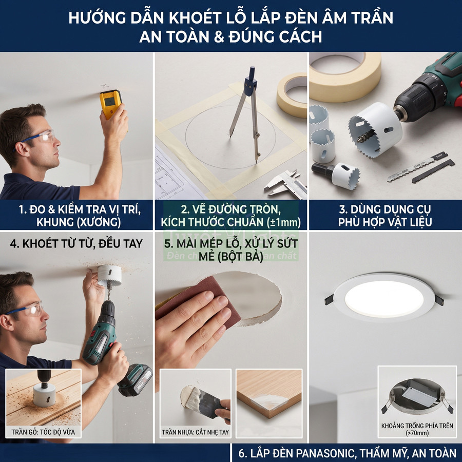 Hướng dẫn khoét lỗ và lắp đèn âm trần Panasonic an toàn đúng cách với dụng cụ khoan cắt chuyên dụng