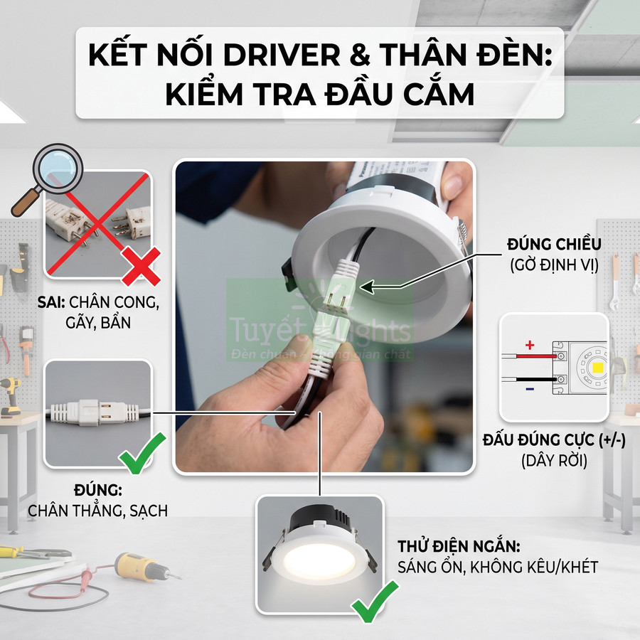 Hướng dẫn kiểm tra đầu cắm và kết nối driver với thân đèn LED âm trần Tuyết Lights