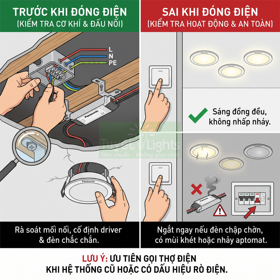 Hướng dẫn kiểm tra và lắp đặt đèn âm trần Panasonic an toàn trước và sau khi đóng điện