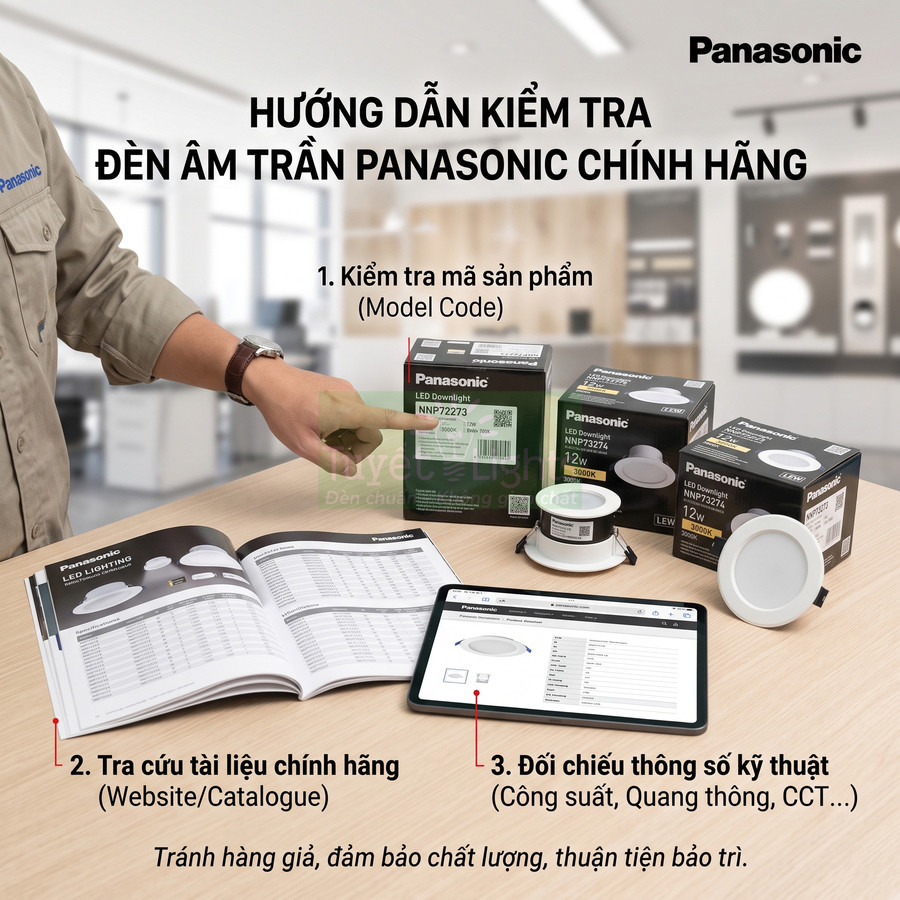 Hướng dẫn kiểm tra đèn âm trần Panasonic chính hãng với hộp sản phẩm, catalogue và máy tính bảng trên bàn