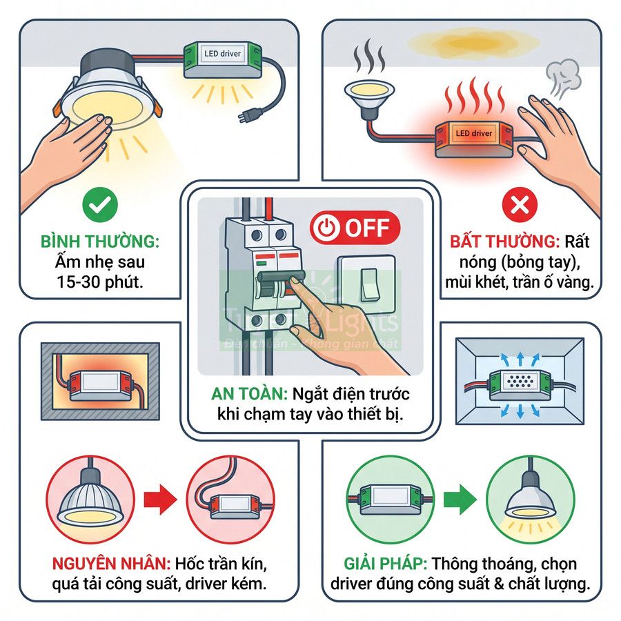 Hướng dẫn kiểm tra và xử lý driver đèn LED âm trần bị nóng, chọn driver đúng công suất và chất lượng