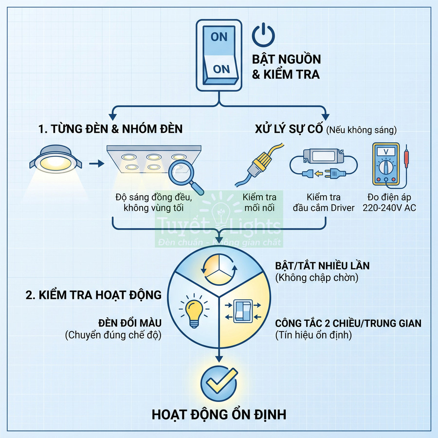 Hướng dẫn kiểm tra và xử lý sự cố đèn LED âm trần Tuyết Lights để đảm bảo hoạt động ổn định