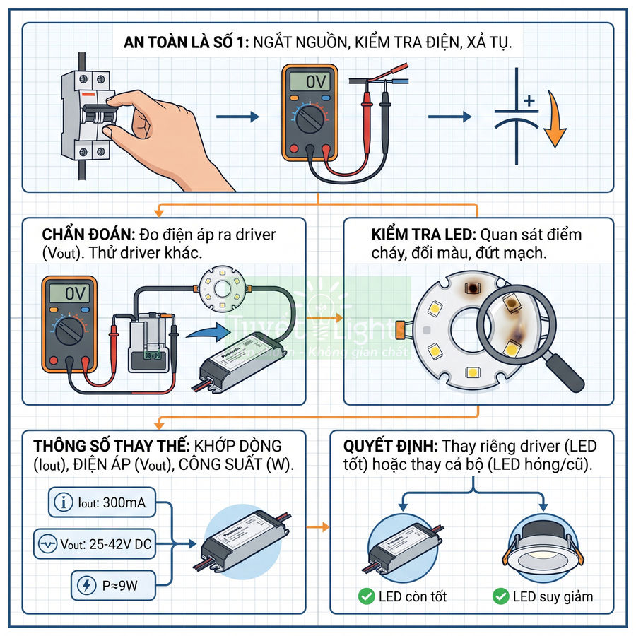 Hướng dẫn kiểm tra và thay thế driver đèn LED âm trần bằng đồng hồ đo điện và quan sát chip LED