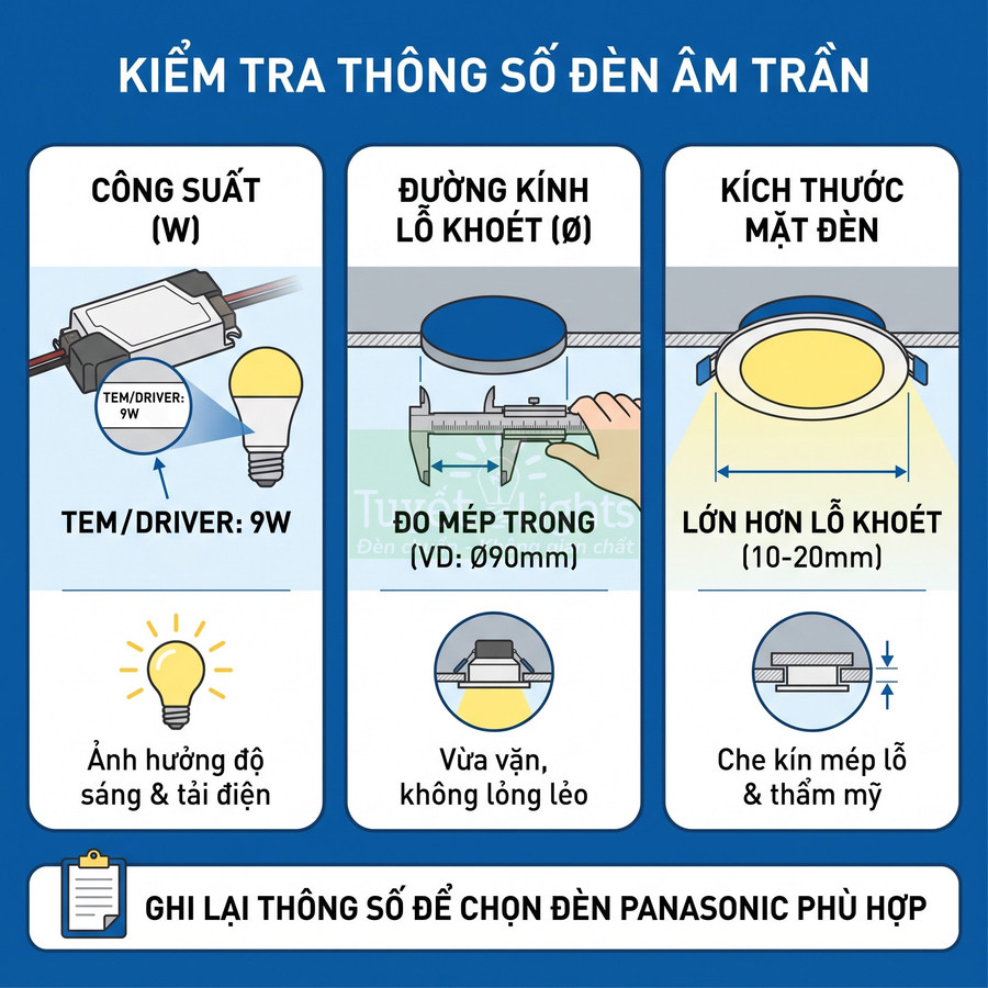 Hướng dẫn kiểm tra công suất, đường kính lỗ khoét và kích thước đèn âm trần Panasonic