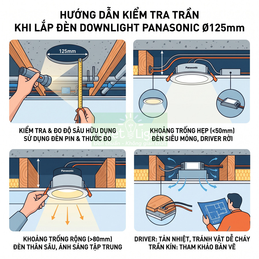 Hướng dẫn kiểm tra trần khi lắp đèn downlight Panasonic 125mm với các loại đèn mỏng và đèn thân sâu