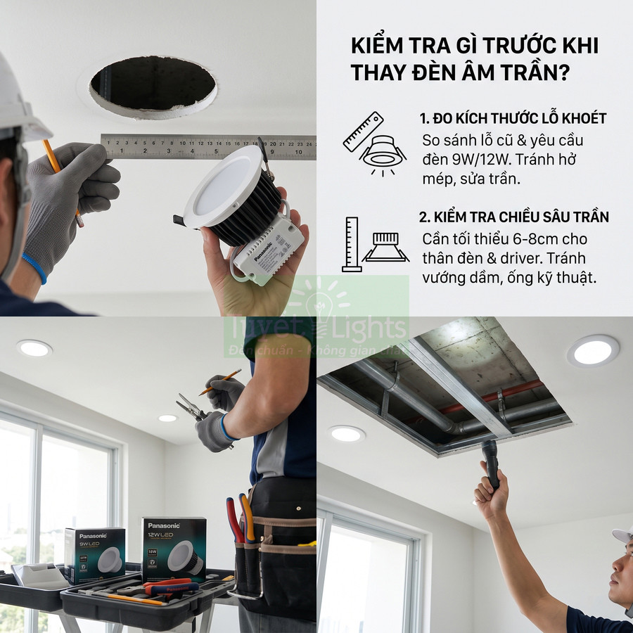 Thợ điện lắp đặt đèn âm trần Panasonic LED 12W trong trần thạch cao của căn hộ mới