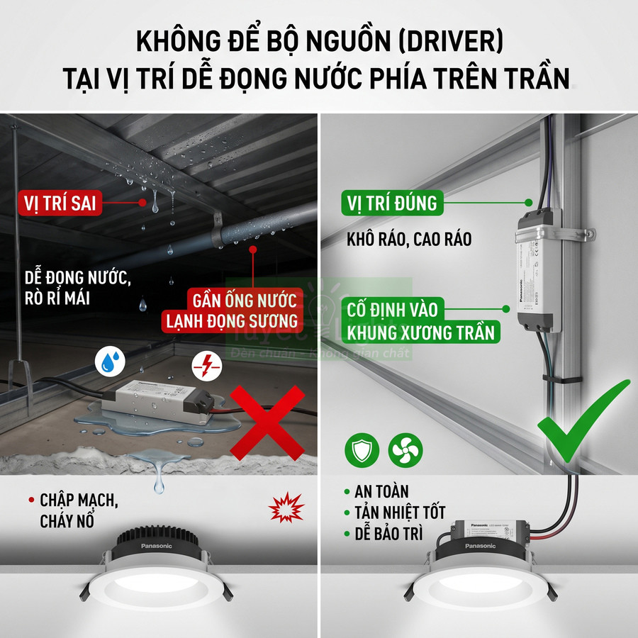 Đèn downlight Panasonic và bộ nguồn gắn đúng vị trí khô ráo trên trần, tránh đọng nước an toàn