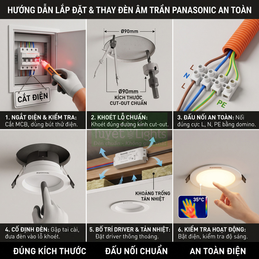 Hướng dẫn lắp đặt đèn âm trần Panasonic an toàn với các bước đấu nối và cố định đèn trên trần nhà