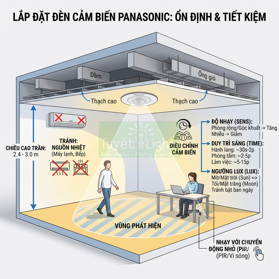 Sơ đồ lắp đặt đèn cảm biến trần Panasonic trong phòng làm việc, vùng phát hiện chuyển động và các lưu ý kỹ thuật