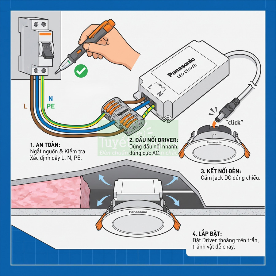 Hướng dẫn lắp đặt đèn LED âm trần Panasonic với driver và đầu nối dây điện an toàn