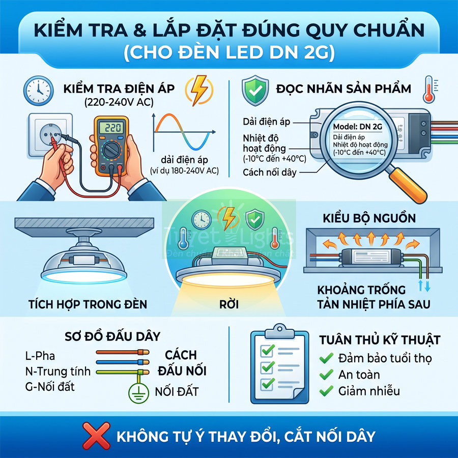 Hướng dẫn kiểm tra và lắp đặt đúng quy chuẩn cho đèn LED DN 2G, sơ đồ đấu dây và lưu ý an toàn