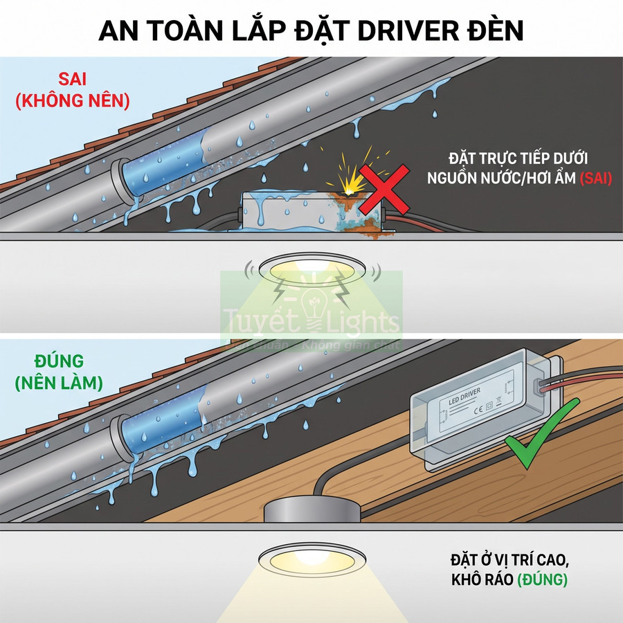 Hướng dẫn lắp đặt driver đèn LED an toàn, tránh nước nhỏ giọt và đặt ở vị trí cao khô ráo