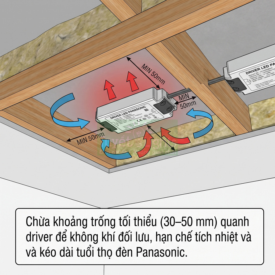 Hướng dẫn lắp đặt driver đèn LED Panasonic trên trần thạch cao với khoảng cách tối thiểu 50mm để tản nhiệt